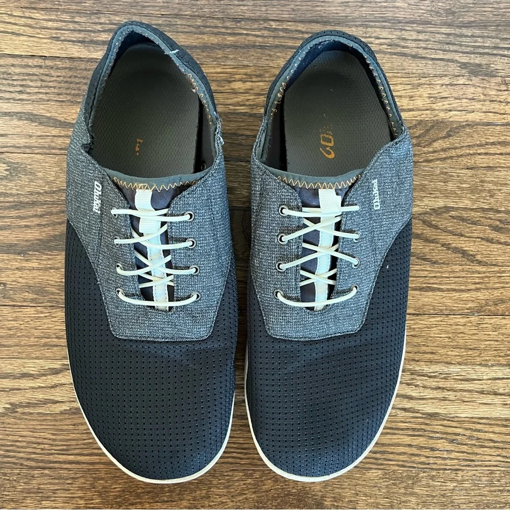 OluKai Men's No Tie Boat Shoes Nohea Moku Dark Shadow Blue Gray size 12 VGUC